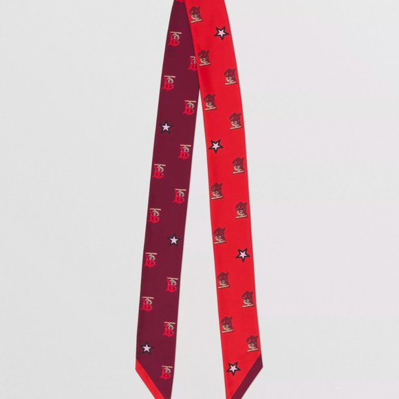 NEW  Authentic Burberry Red Logo Silk Skinny Two Tone scarf Head scarf bag Wrap - Picture 7 of 10